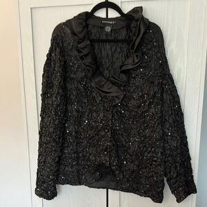 Vintage 90s Cachet Satin Crinkle Sequined Black Jacket w/ Ruffled Collar Size 14